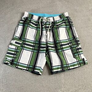Caribbean Joe Swim Trunks Mens Medium Plaid Green Black White Blue Cargo Pockets